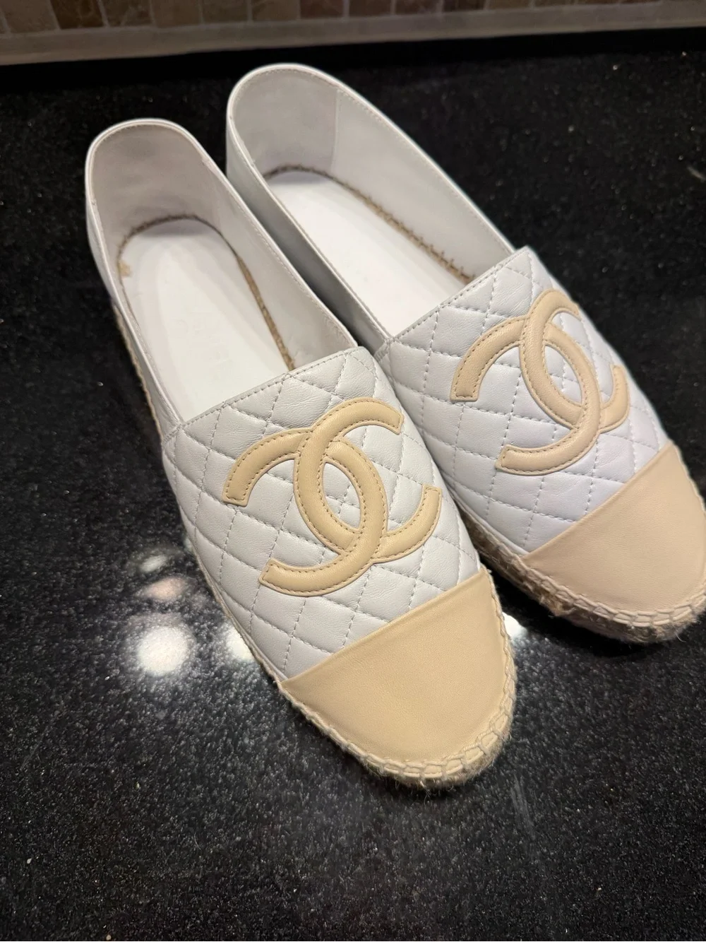 CHANEL White Quilted Espadrilles with Beige Cap Toe and CC Logo